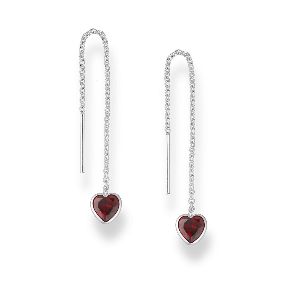 Sterling Silver Red Cubic Zirconia Heart Threader Earrings