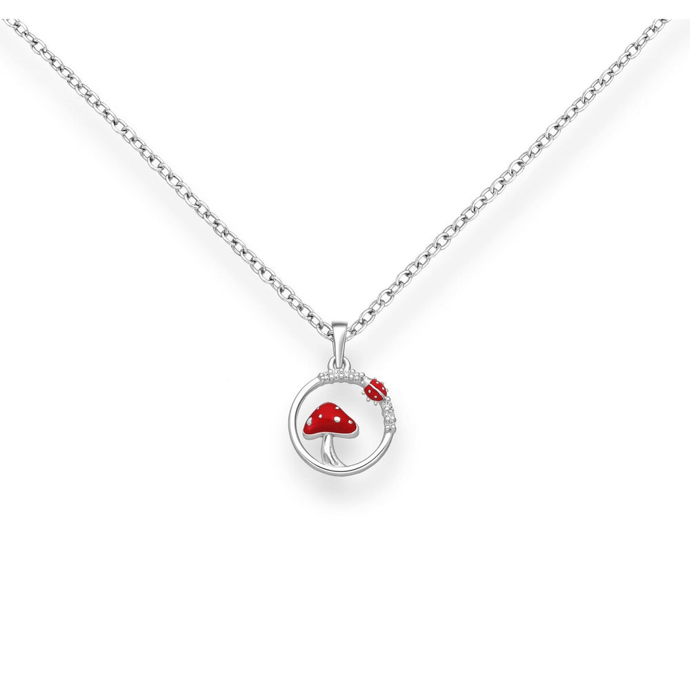 Sterling Silver Red Mushroom & Ladybug Pendant Necklace