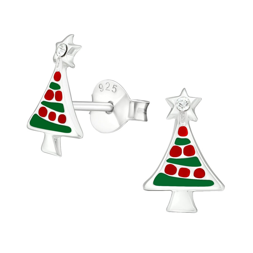 Sterling Silver Red & Green Christmas Tree with CZ Star Dainty Stud Earrings