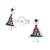 Sterling Silver Red & Green Christmas Tree with Green CZ Star Dainty Stud Earrings