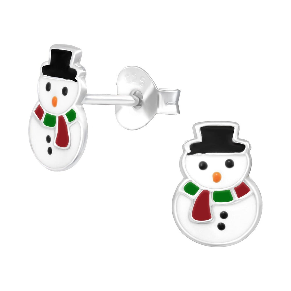 Sterling Silver Red & Green Scarf Snowman Dainty Stud Earrings