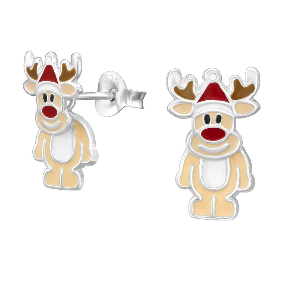 Sterling Silver Reindeer in Santa Hat Ear Jacket Studs