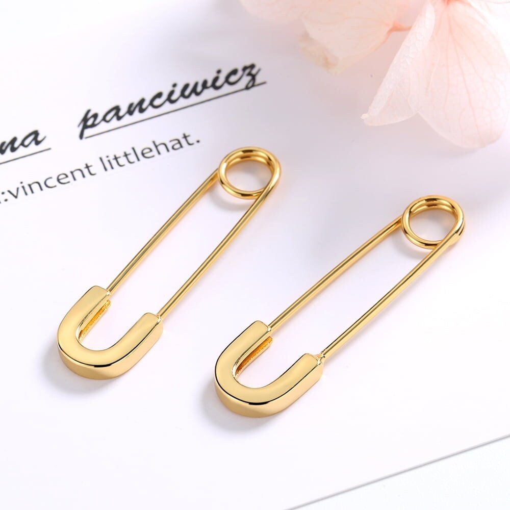 Sterling Silver Safety Pin Earrings in 14K Gold - 26mm L x 12mm W