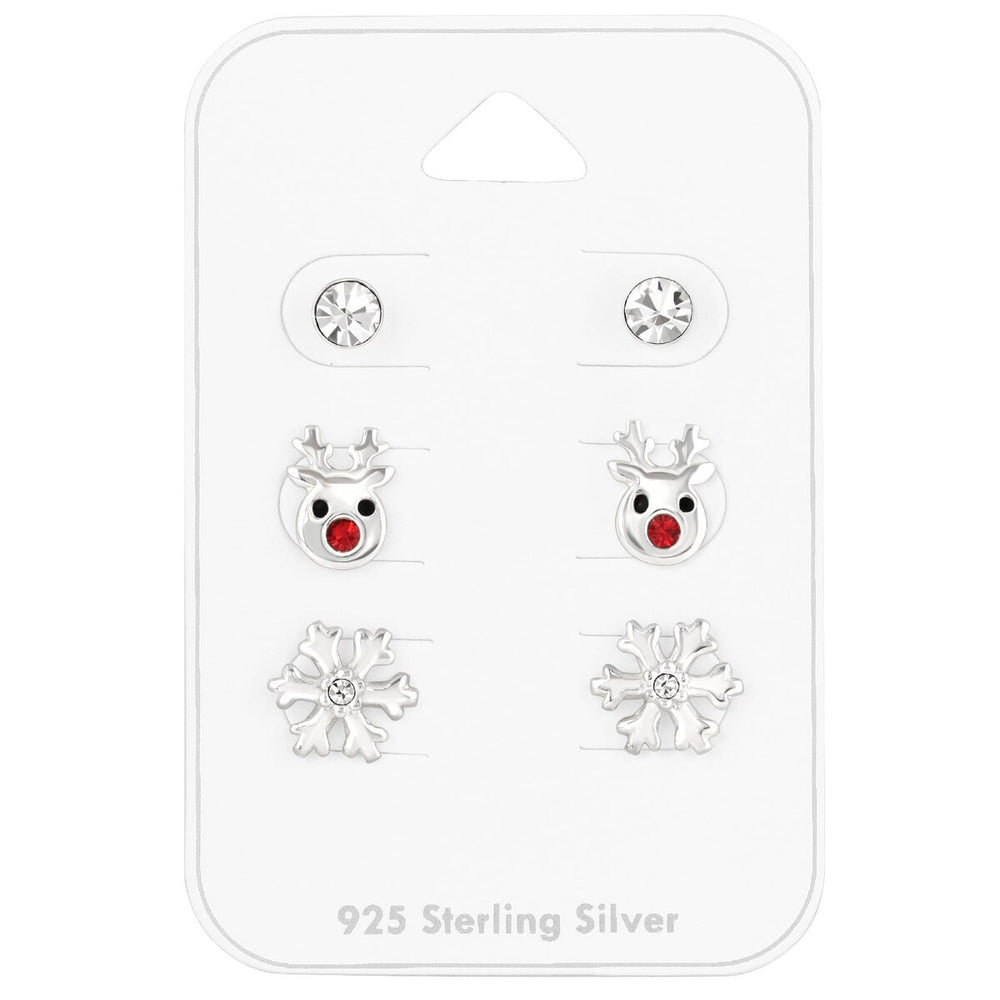 Sterling Silver Set of 3 Christmas Studs: Clear Circular CZ, Red CZ Nosed-Reindeer, CZ Snowflake