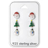 Sterling Silver Set of 3 Christmas Studs: Santa, Green Christmas Tree & Snowman with Blue Scarf