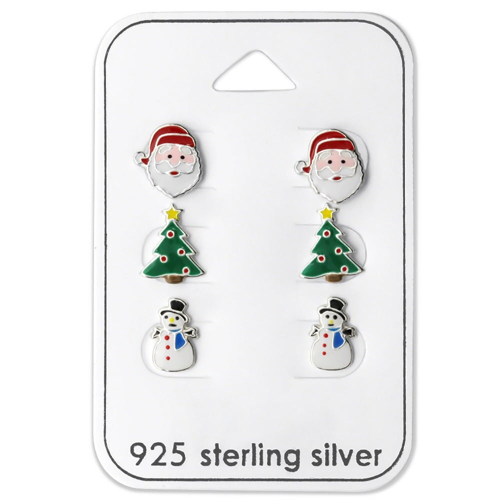 Sterling Silver Set of 3 Christmas Studs: Santa, Green Christmas Tree & Snowman with Blue Scarf