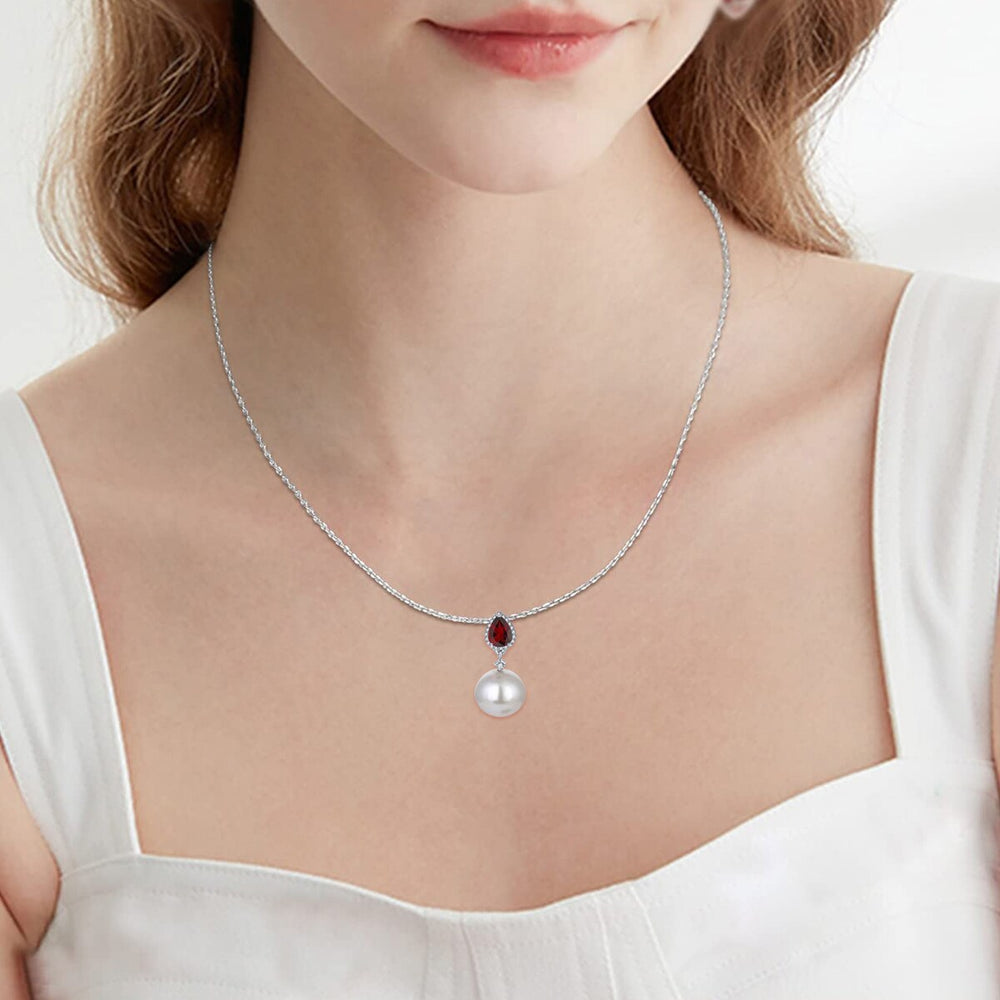 Sterling Silver Shell Pearl, Garnet and White Topaz Drop Pendant Necklace