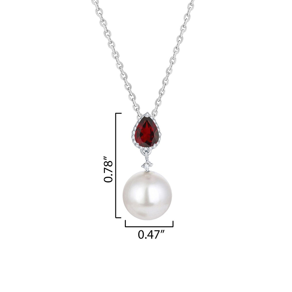 Sterling Silver Shell Pearl, Garnet and White Topaz Drop Pendant Necklace