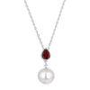 Sterling Silver Shell Pearl, Garnet and White Topaz Drop Pendant Necklace