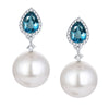 Sterling Silver Shell Pearl, Natural London Blue Topaz and White Topaz Drop Earrings Gifts for Her