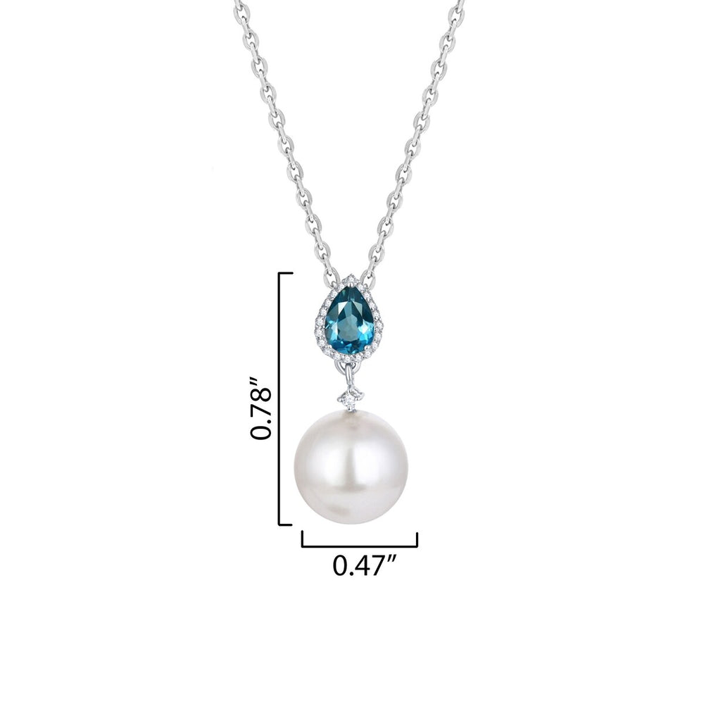 Sterling Silver Shell Pearl, Natural London Blue Topaz and White Topaz Drop Pendant with 18" Chain