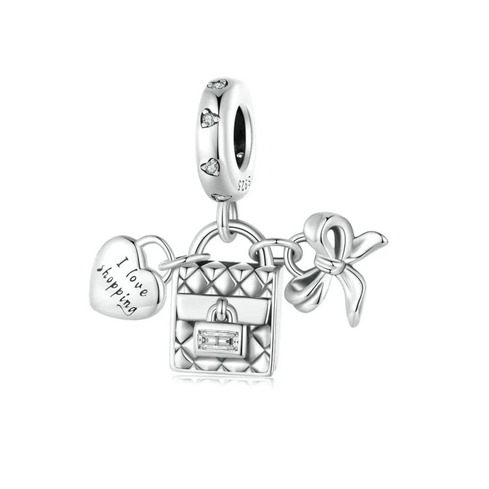 Sterling Silver Shopping Lover Purse with Heart and Bow Dangling Charm