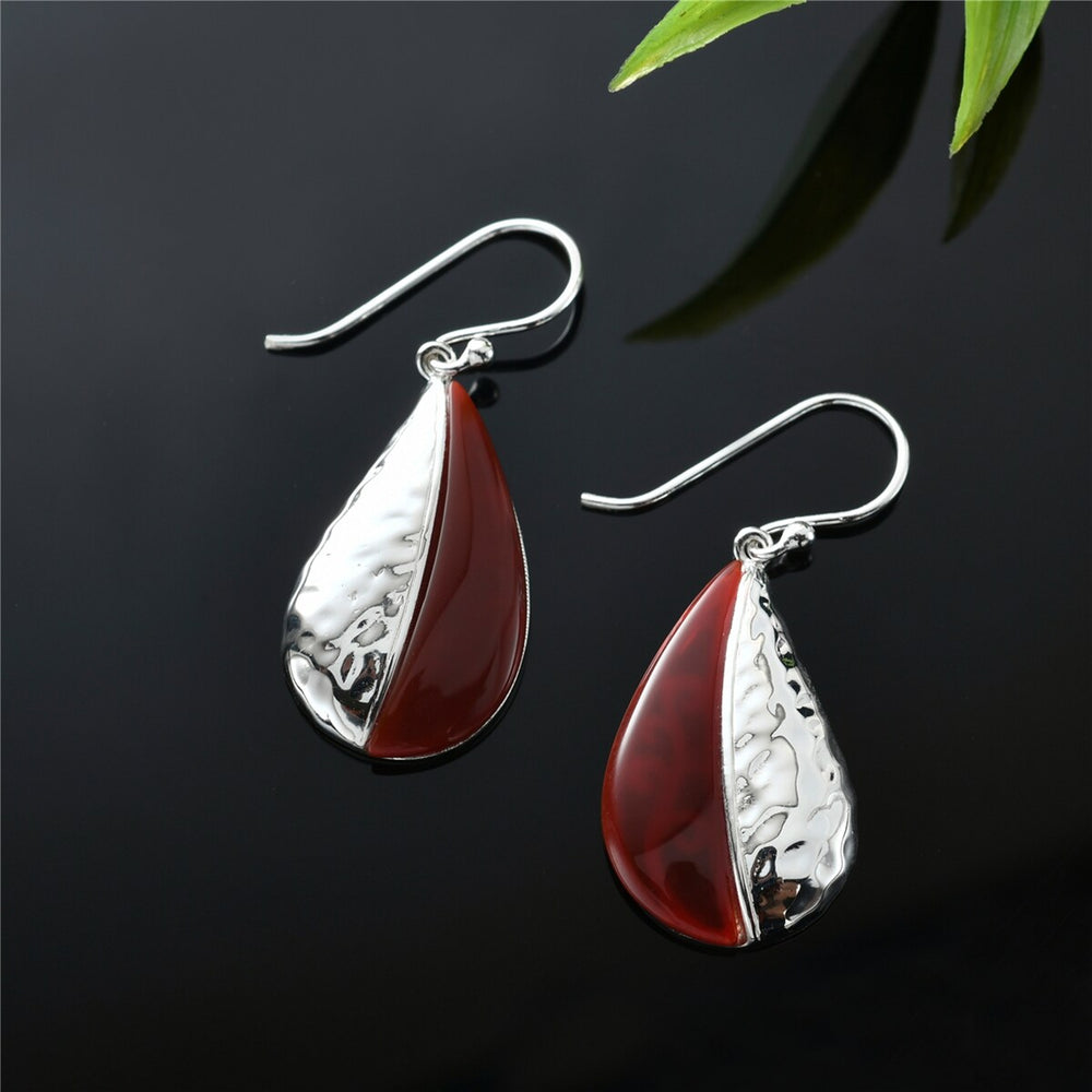 Sterling Silver Teardrop Earring Half Red Carnelian Half Silver