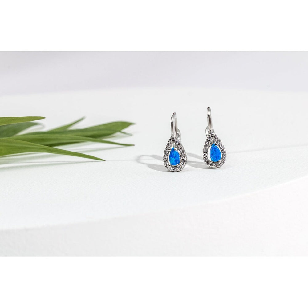 Sterling Silver Teardrop Huggie Earrings with Blue Lab-Created-Opal