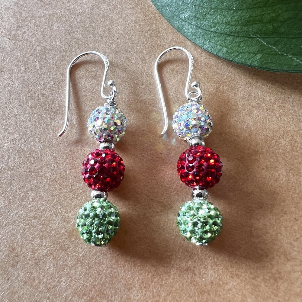 Sterling Silver Triple Pave Crystal Fireball Earring in Green, Red, and White Crystals