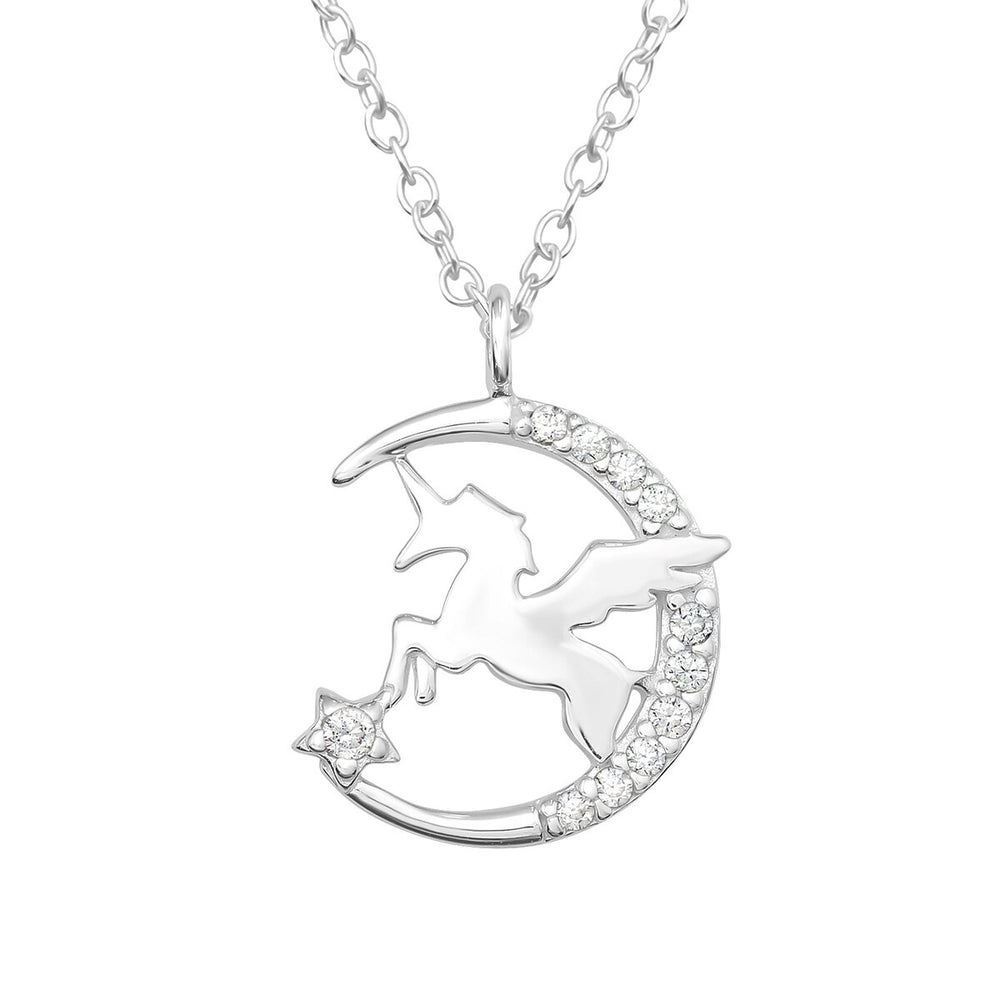 Sterling Silver Unicorn & Crescent Moon Pendant Necklace with Cubic Zirconia - White