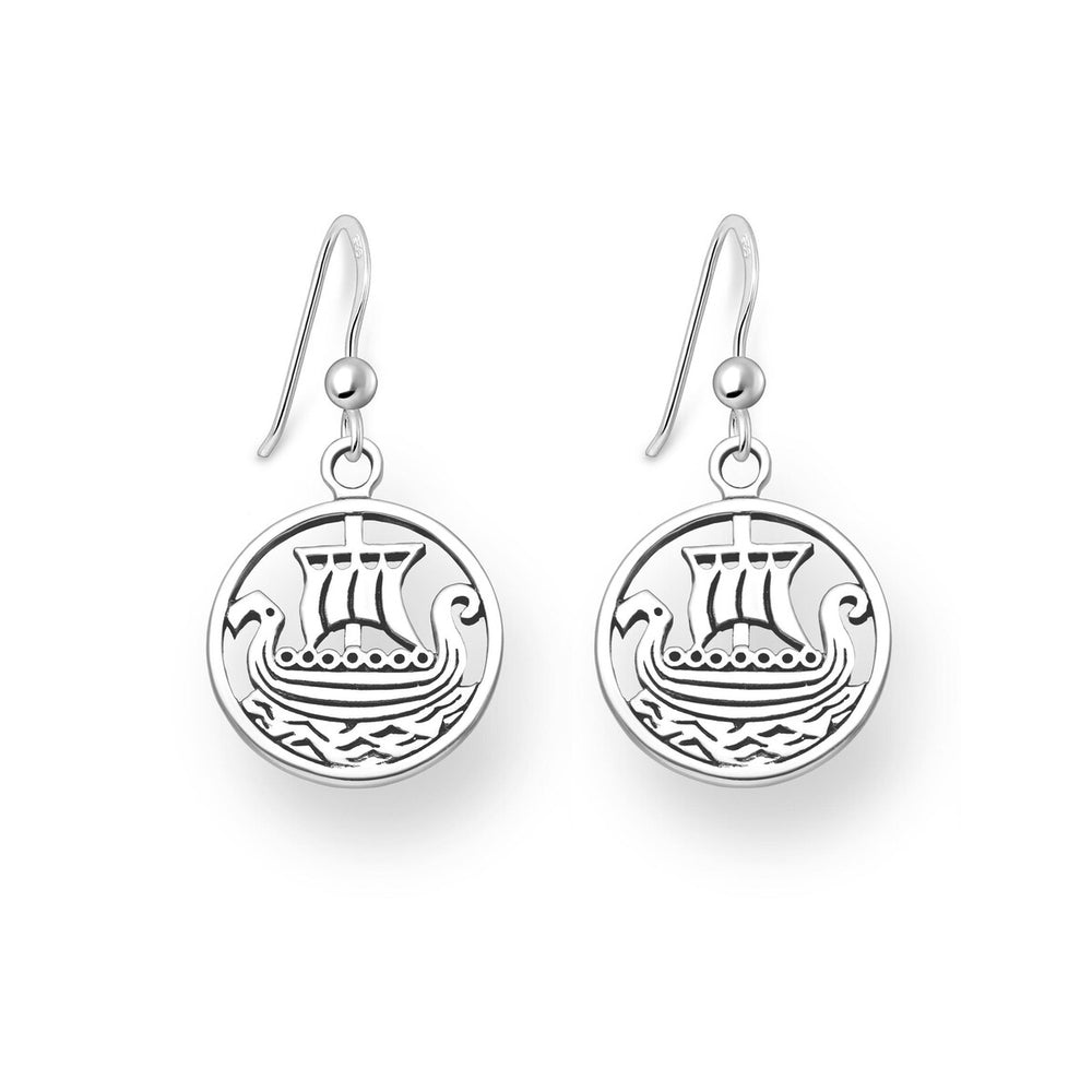 Sterling Silver Viking Boat Round Drop Earrings