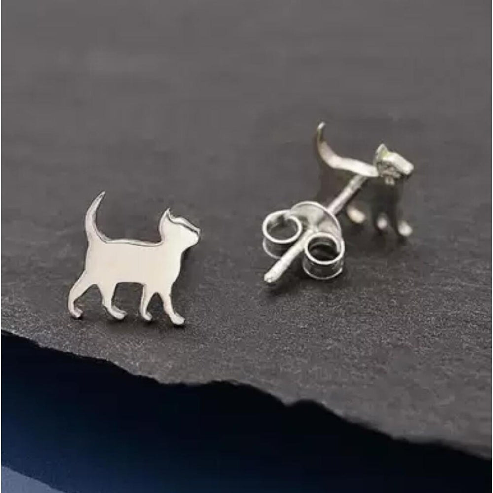 Sterling Silver Walking Cat Stud Earrings