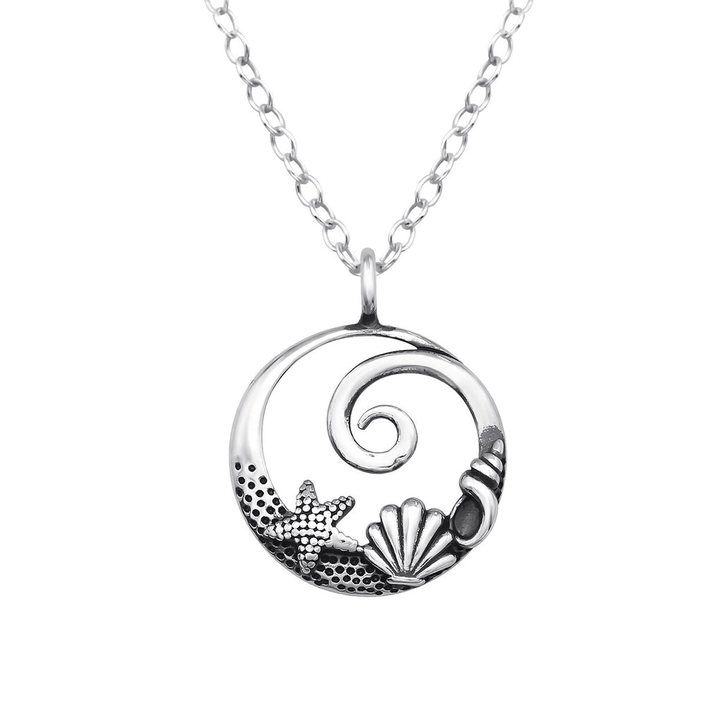 Sterling Silver Wave, Shell, and Starfish Pendant Necklace - White