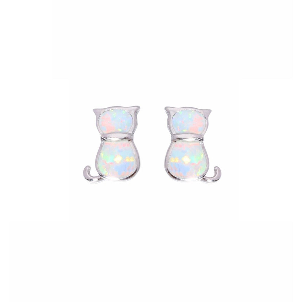 Sterling Silver White Lab Opal Cat Stud Earrings