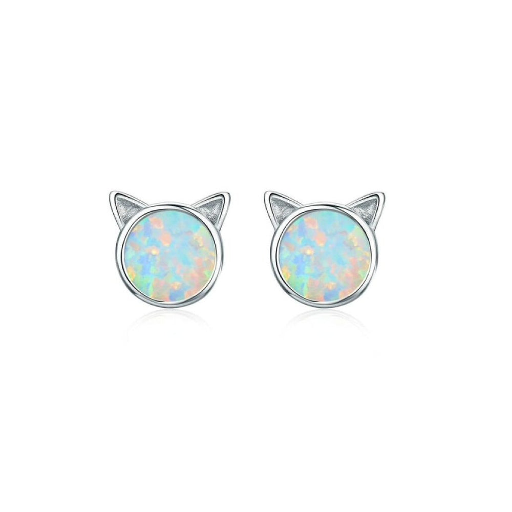 Sterling Silver White Lab Opal Cat Stud Earrings