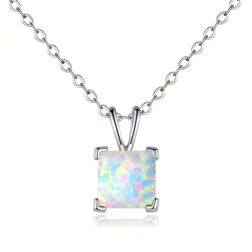 Sterling Silver White Lab Opal Square Pendant Necklace