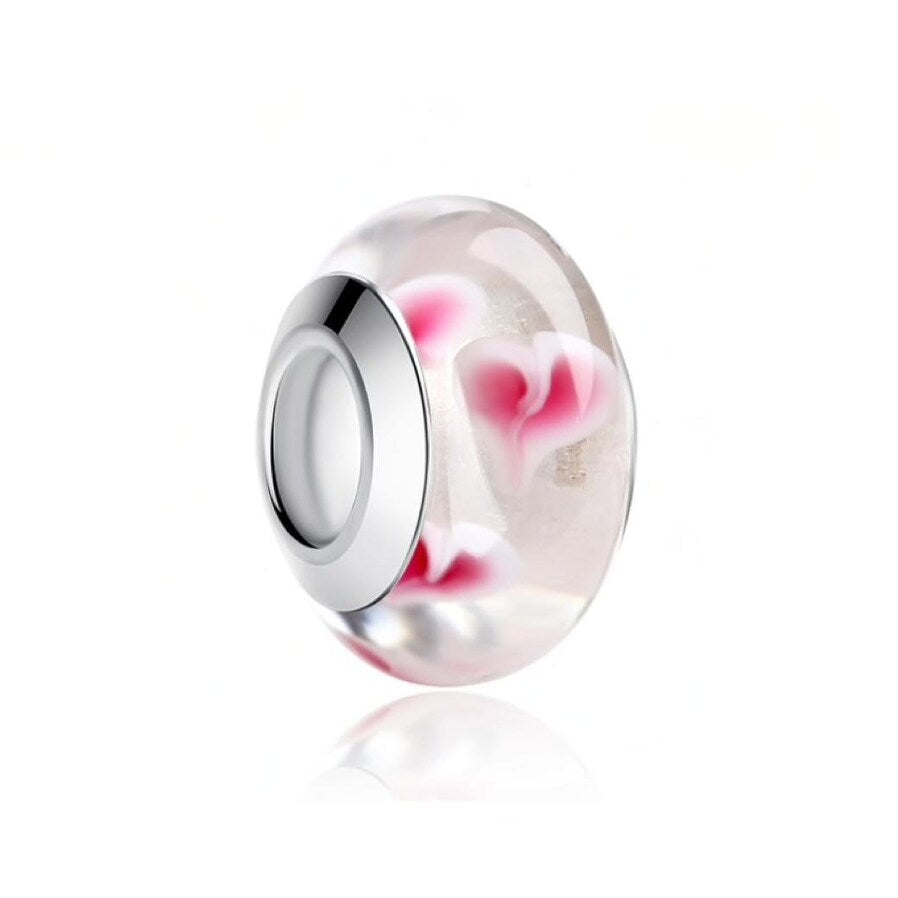 Sterling Silver White Pink Hearts Glass Bead Charm