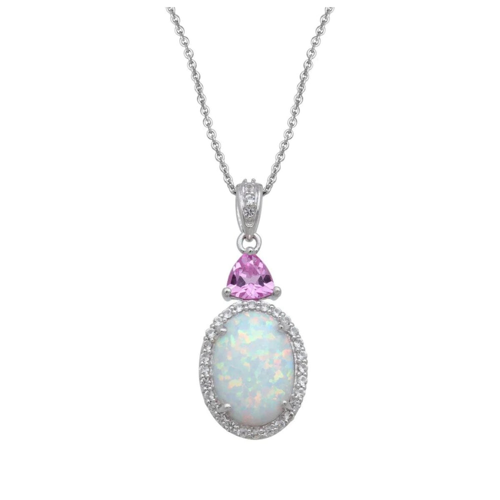 Sterling Silver White lab Opal Oval Pendant with Pink CZ