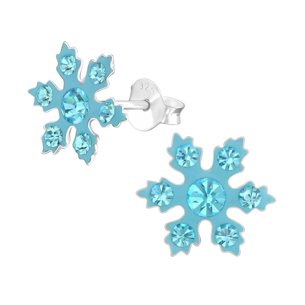 Sterling Silver & Aqua CZ Snowflake Dainty Stud Earrings