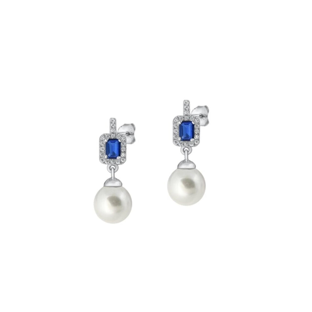 Sterling Silver & Blue Cubic Zirconia Drop Earrings with Pearl