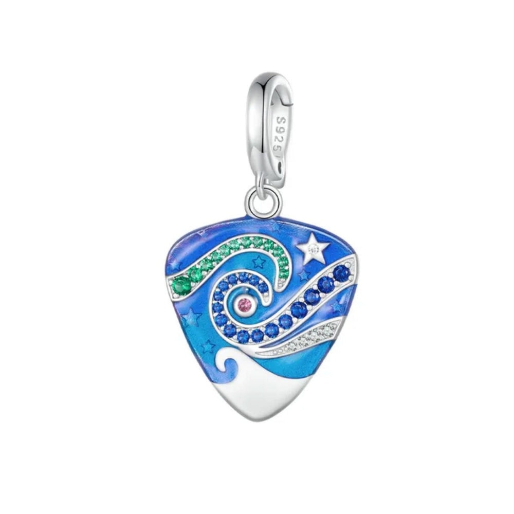 Sterling Silver & Blue Green CZ Ocean Scape Guitar Pick Dangling Charm