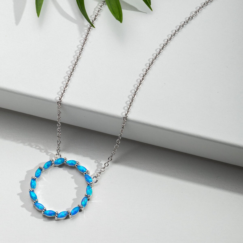 Sterling Silver & Blue Lab-Created Opal Circle Pendant Necklace - White