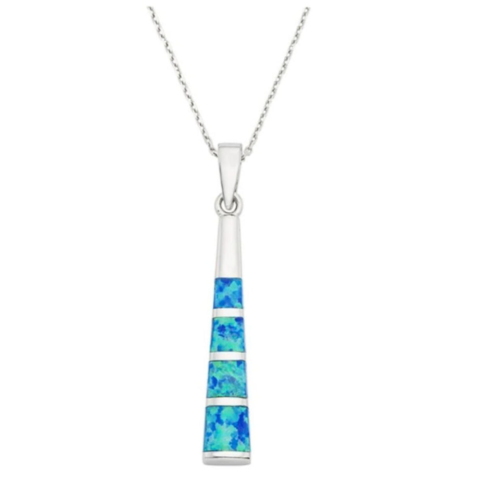 Sterling Silver & Blue Lab Opal Bar Pendant Necklace - White