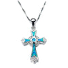 Sterling Silver & Blue Lab Opal CZ Ornate Cross Pendant Necklace - White