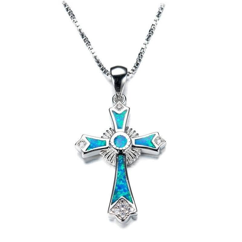 Sterling Silver & Blue Lab Opal CZ Ornate Cross Pendant Necklace - White