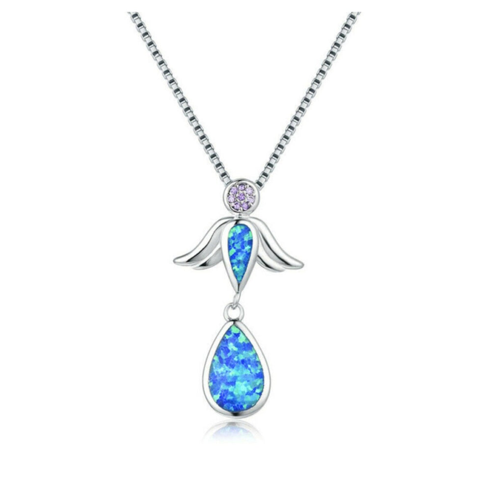 Sterling Silver & Blue Lab Opal Dual Teardrops Winged & Purple CZ Pendant Necklace - White