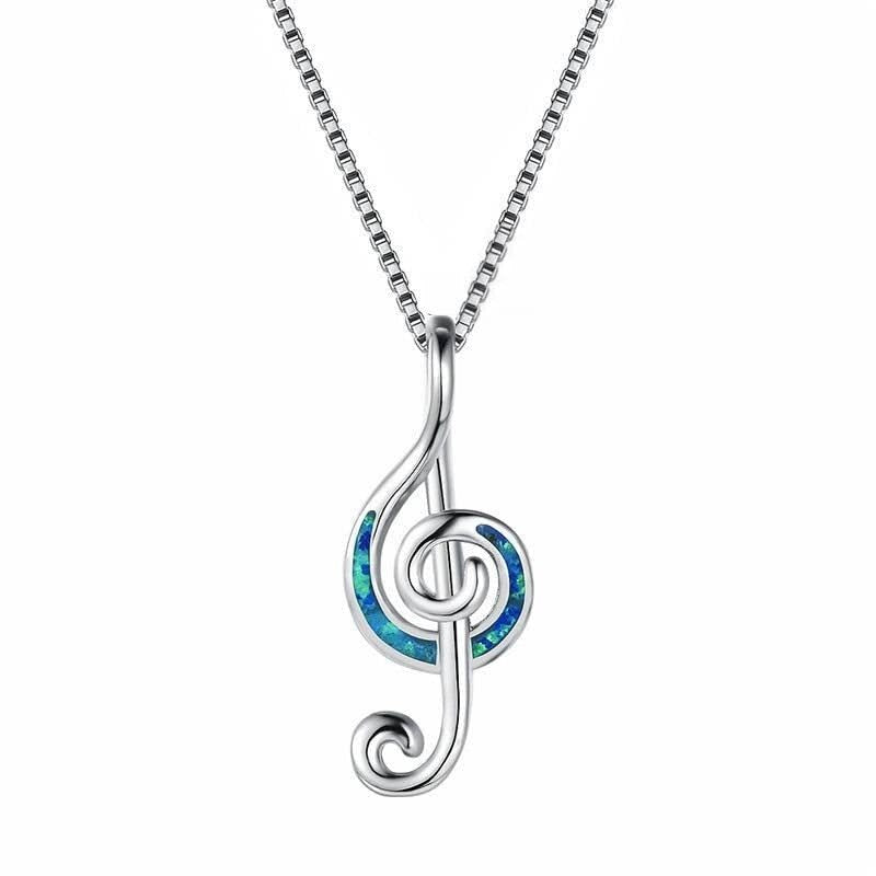 Sterling Silver & Blue Lab Opal Treble Clef Music Note Pendant Necklace - White