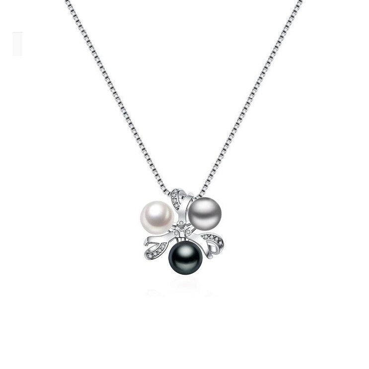 Sterling Silver & CZ Clustered White, Black & Grey Freshwater Pearl Pendant Necklace - Signature Pearls - White