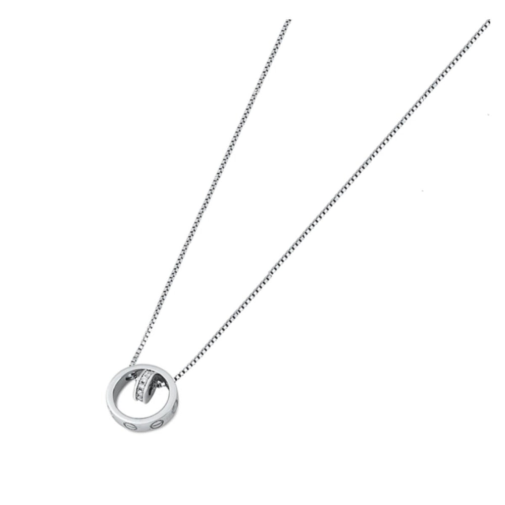 Sterling Silver & CZ Dual Interlocked Circles Pendant Necklace - White