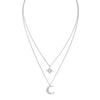 Sterling Silver & CZ Eight Point Star & Crescent Moon Layered Necklace - White