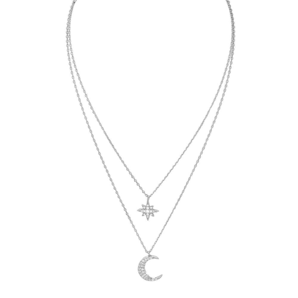 Sterling Silver & CZ Eight Point Star & Crescent Moon Layered Necklace - White