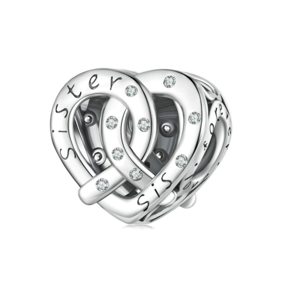 Sterling Silver & CZ Interlocked Hearts Sister Charm