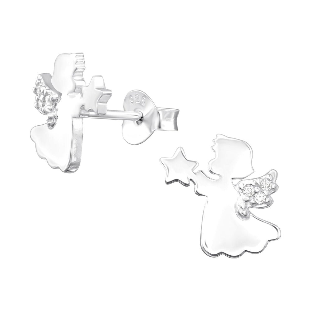 Sterling Silver & CZ Little Angel with Star Dainty Stud Earrings