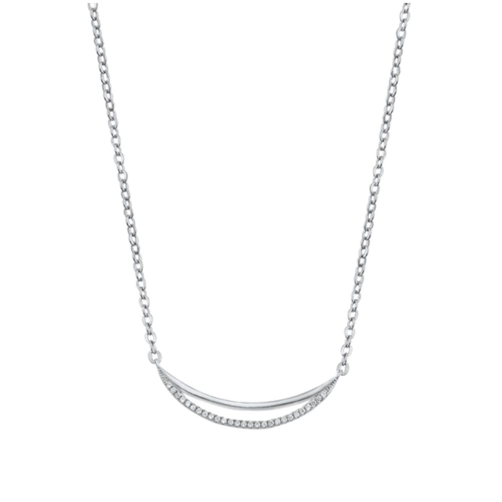 Sterling Silver & CZ Pave Open Crescent Moon Sideways Pendant Necklace - White