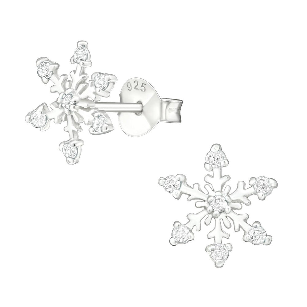 Sterling Silver & Clear CZ Ornate Snowflake Dainty Stud Earrings