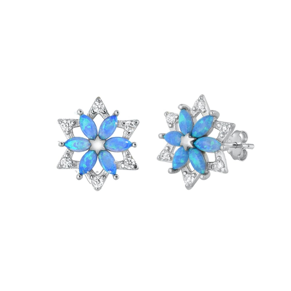 Sterling Silver & Cubic Zirconia Flower Stud Earrings with Lab-Created Blue Opal