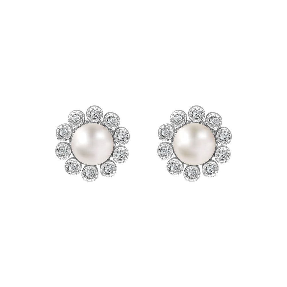 Sterling Silver & Cubic Zirconia Flower Stud Earrings with Pearl