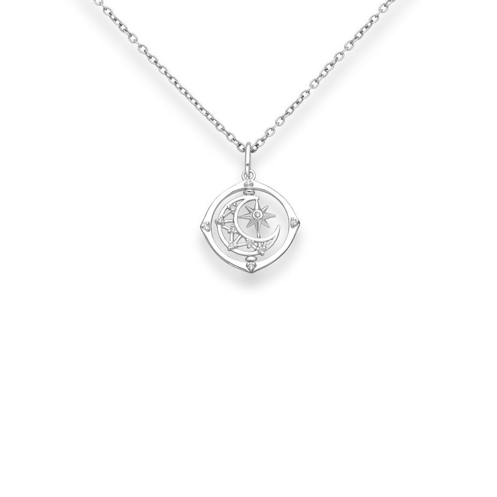 Sterling Silver & Cubic Zirconia Moon & Star Pendant Necklace - White