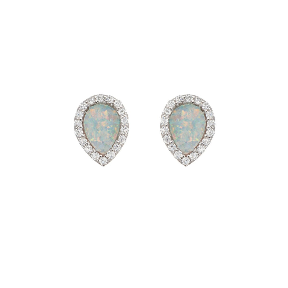 Sterling Silver & Cubic Zirconia Pear Stud Earrings with Lab- Created White Opal