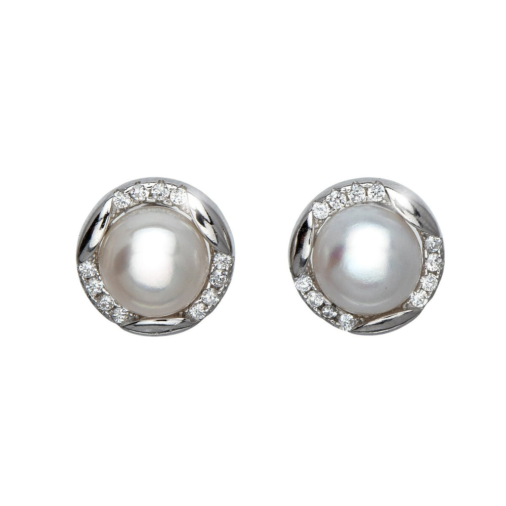 Sterling Silver & Cubic Zirconia Round Stud Earrings with Pearl